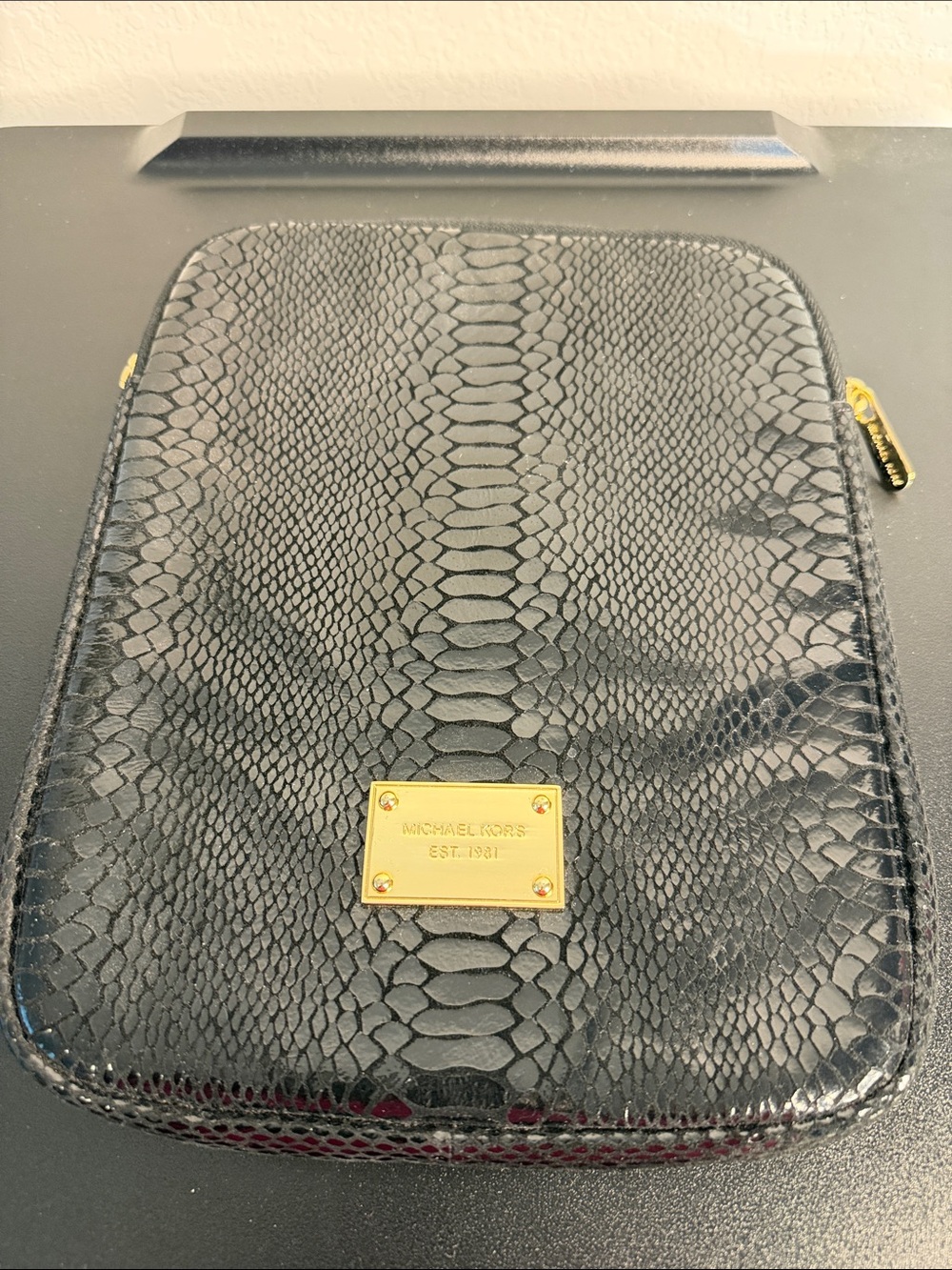 Michael Kors Black Snake-Embossed Tablet Pouch with Gold Plaque